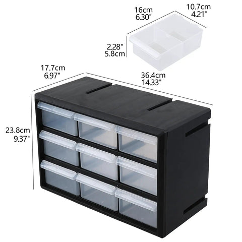 Front view of black Nine Drawer Plastic Storage Cabinet for Tools, with clear compartments for screws, nails, and electronics.