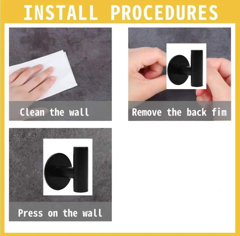 Install procedures for Three Pack Self Adhesive Stainless Steel Towel Hooks Black Matte Heavy Duty Wall Mounts