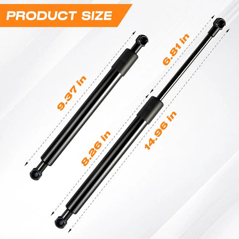 Ford F150 Tailgate Assist Shock Kit dimensions showing hydraulic strut sizes: 14.96 in, 9.37 in, 6.81 in, 8.26 in.