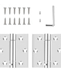 3 Inch Automatic Self Closing Door Hinges, Heavy Duty Stainless Steel Mortise Spring Hinges, Quiet Smooth Operation, For Interior And Exterior Doors, 4 Pack shown with screws and hex key.