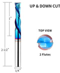 Five Piece Spiral Router Bits Set Up Down Cut Compression Bits Quarter Inch Shank Quarter Inch Cutting Diameter Nano Blue Coated Solid Carbide CNC End Mills For Wood Carving And Engraving Pro Grade, Top View, 2 Flutes