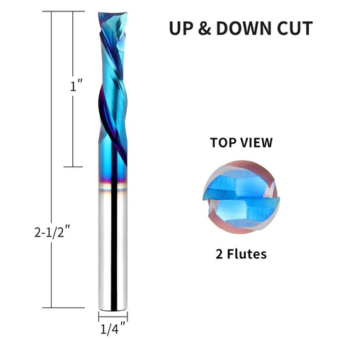 Five Piece Spiral Router Bits Set Up Down Cut Compression Bits Quarter Inch Shank Quarter Inch Cutting Diameter Nano Blue Coated Solid Carbide CNC End Mills For Wood Carving And Engraving Pro Grade, Top View, 2 Flutes