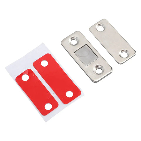 10 Pack Ultra Thin Stainless Steel Magnetic Door Latch Adhesive Cabinet Catch with two way installation components on white background