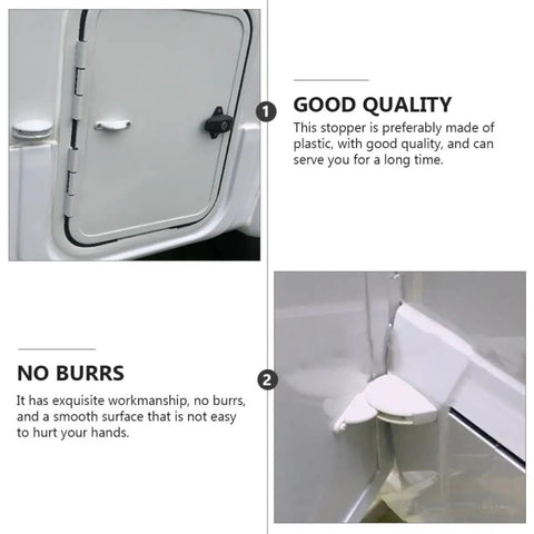 Premium 2 Pack White Rv Door Stop Retainer Tool For Motorhomes And Travel Trailers showing plastic door stopper fitted securely in use.