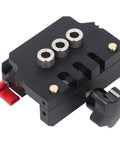 Hit The Mark Every Time Self Centering Doweling Jig With Precise Fine Scale, aluminum alloy drill guide with adjustment knobs.