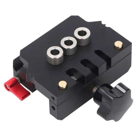 Hit The Mark Every Time Self Centering Doweling Jig With Precise Fine Scale, aluminum alloy drill guide with adjustment knobs.