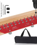 All-In-One Shelf Pin Drilling Jig With 11 Holes, Aluminum Alloy Self-Contained Clamp, Includes One Quarter Inch And Five Millimeter Drill Bits, Shelf Hole And Cabinet Hardware Jig Tool With Carrying Bag, Fast And Precise Drill Guide For Home And Shop shown on a wooden surface with drill and accessories.