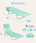 Teal Open Face Chaise Lounge With Face Cavity Design, Arm Slots, And Plush Pillow, foldable dimensions shown