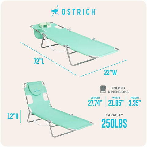 Teal Open Face Chaise Lounge With Face Cavity Design, Arm Slots, And Plush Pillow, foldable dimensions shown