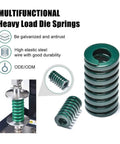 Heavy Load Die Springs made of high elastic steel, offering durability, with green finish, used in mechanical applications.