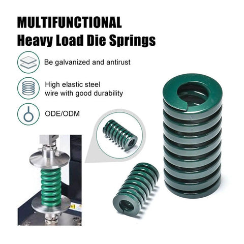 Heavy Load Die Springs made of high elastic steel, offering durability, with green finish, used in mechanical applications.