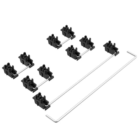 Hella Quiet Plate Mount Keyboard Stabilizers V3 with Pre Clipped Stem in black, for 2U, 6U, 7U keys on custom boards.