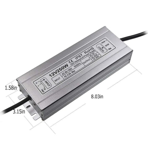 Beefy 250W 12V DC LED Driver Power Supply For Outdoor Use IP67 Waterproof Transformer shown with dimensions