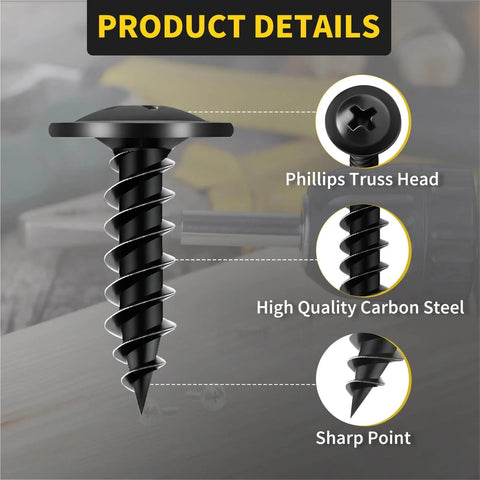Black Wood Screws Size Eight By Three Quarter Inch 125 Piece Set Self Tapping Phillips Truss Head Fasteners details