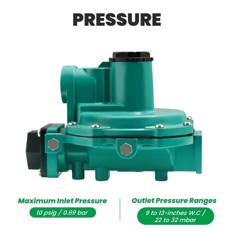 Side view of Watflow LP-Gas two-stage propane regulator, back-mount, 3/4 in NPT ports, teal