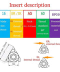 Diagram of Ten Pack 16ER AG60 Right Cutting Threading Insert For CNC Lathes, showing specifications and threading types for steel parts.