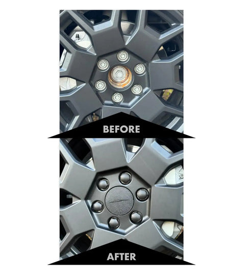 Before and after of wheel with Dope Wheel Center Caps And Lug Nut Covers For Cybertruck Matte Black 4 Pcs Center Cap Kit