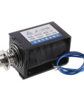 DC 24V 5A Solenoid Electromagnet With Push Pull Type For Precise Linear Motion, 50N Holding And Push Force, 15mm Stroke, Open Frame Actuator, Ideal For Vending Machines, Automation, JF-1578B Magnet close-up with blue wires