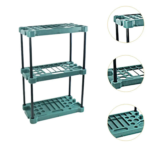 Heavy Badass Broom And Mop Organizer Rock Solid Corner Rack With Hella Durable Polypropylene Shelves and Reinforced Iron Frame, 3-tier storage.