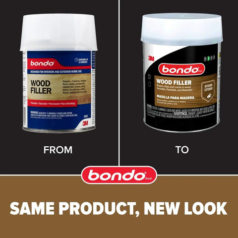 The Real Deal Wood Filler Kit 30 Oz With Quick Set Hardener showing packaging design updates and compatibility for wood repairs.