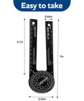 Heavy Duty 7 Inch Aluminum Angle Finder Protractor With Dual Scale Square, showing dimensions 7in x 5.1in x 2.56in for precise angle measurement.