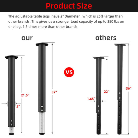Set Of 4 Built Tough Adjustable Table Legs, 21.5 To 37 Inches, 2 Inch Diameter Metal Desk Legs, size comparison with others