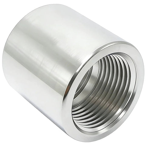 Close-up of stainless steel 1/4-inch NPT female-to-female pipe coupling.