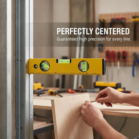 Spirit Level, Aluminum Alloy, 250mm held against wood for precise leveling in a workshop setting.