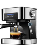 Heavy Duty Semi Automatic Espresso Maker With Built In Milk Frother And Rust Proof Stainless Steel Finish brewing espresso into a cup.