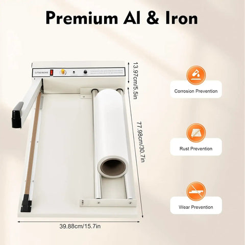AOXHUGB 24 Inch Shrink Wrap Machine With Heat Gun, showing aluminum and iron frame with specifications for packaging.
