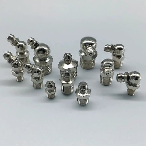 110 Piece Metric Grease Fittings Kit M6 M8 M10 Straight and 45 Degree 90 Degree Angled Zerk Fittings shown in zinc plated steel