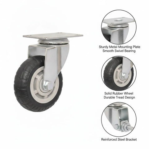 Heavy Duty Swivel Plate Caster Replacements Crafted From Solid Steel, Tough As Nails Casters with sturdy metal plate and rubber wheel.