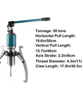 Heavy Duty Hydraulic Gear Puller With Beefy Forged Cylinder For Pulley And Bushing Removal shown with specs on white background