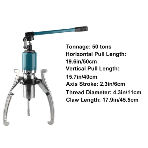 Heavy Duty Hydraulic Gear Puller With Beefy Forged Cylinder For Pulley And Bushing Removal shown with specs on white background