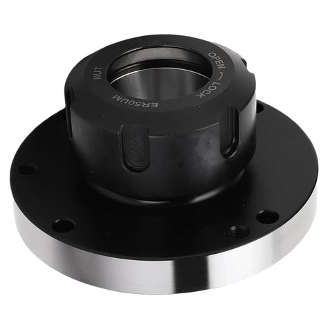 Heavy Duty Oumefar ER50 Collet Chuck With 130mm Diameter And 7 Hole Eccentric Nut Flange For A2-5-4 Mount showing black and stainless steel design.