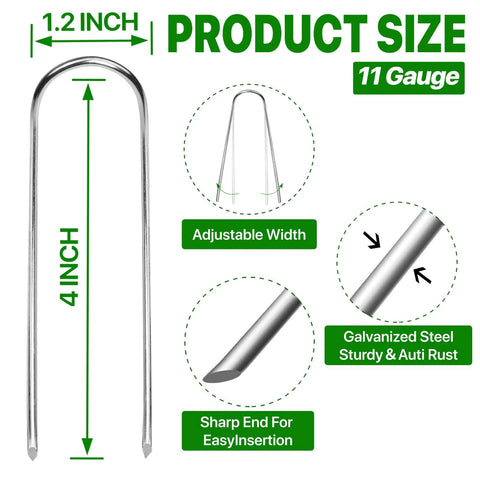 U Shape Garden Stakes 50 Packs 4 Inch 11 Gauge Heavy Duty Galvanized Landscape Staples with adjustable width and sharp end