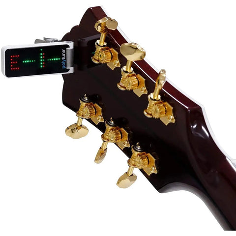 PolyTune Clip On Guitar Tuner With Polyphonic Tuning Strobe And Chromatic Modes Plus 108 LED Matrix Display on guitar headstock