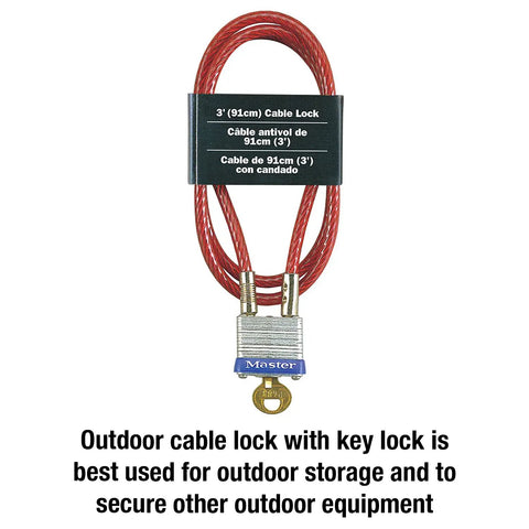 Steel Cable Lock With Integrated Outdoor Padlock And Key for bikes, outdoor storage, and gear, braided steel, 3 ft