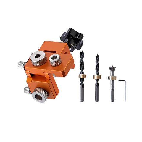 No Fuss Quick Setup Pro Grade Woodworking Drill Jig Set With Heavy Duty Adjustable Locator and four drill bits for accurate hole guiding.