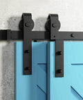 Black Top Mounted Wood Sliding Barn Door Hardware Kit For Double Doors Bypass Closet Track System With Heavy Duty Rollers