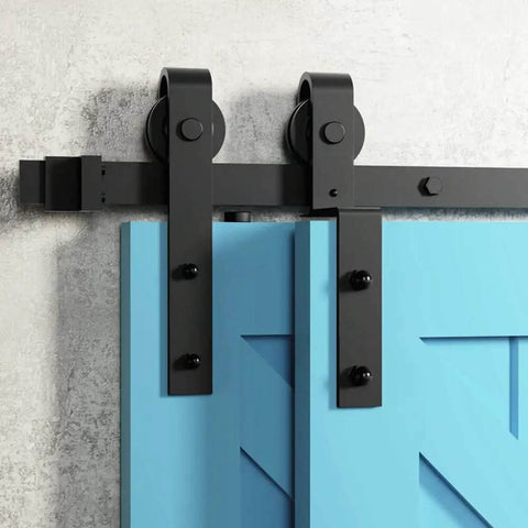 Black Wood Sliding Barn Door Hardware Kit For Double Doors Top Mounted Bypass Roller System