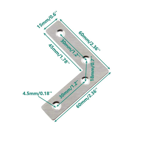 Top Shelf Heavy Duty Stainless Steel L Shape Corner Brace Bracket 60mm size with measurements for furniture support and repair.