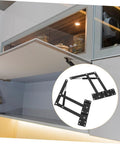 Pair of heavy-duty black lift-up hinges with springs; self-closing for drop-leaf cabinets or tables, installed under cabinet.