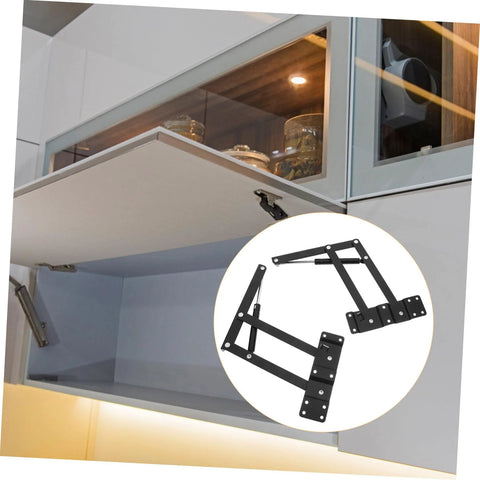 Pair of heavy-duty black lift-up hinges with springs; self-closing for drop-leaf cabinets or tables, installed under cabinet.
