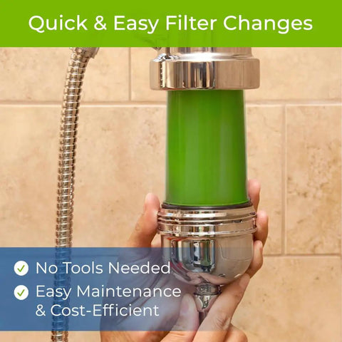 Person hands installing Boss Shower Filter System With Deluxe Adjustable Wand In Brushed Nickel Finish, 2.5 GPM Flow, Advanced Chlorine Reduction