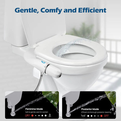 Non Electric Bidet Attachment For Toilet With Dual Nozzles, Posterior And Feminine Wash, Adjustable Water Pressure shown on toilet