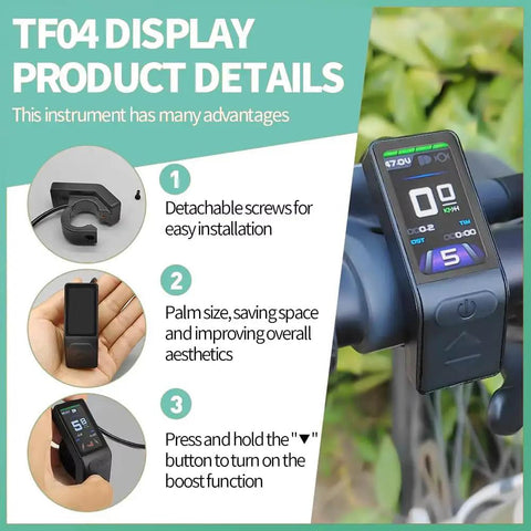 Mini Color TFT LCD Display For E Bike With Waterproof Connector showing installation guide and power button instructions.