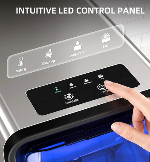 Portable Countertop Nugget Ice Maker Produces Thirty Five Pounds Of Fresh Pebble Ice Daily With Lightning Fast Five Minute Cycles control panel close-up.