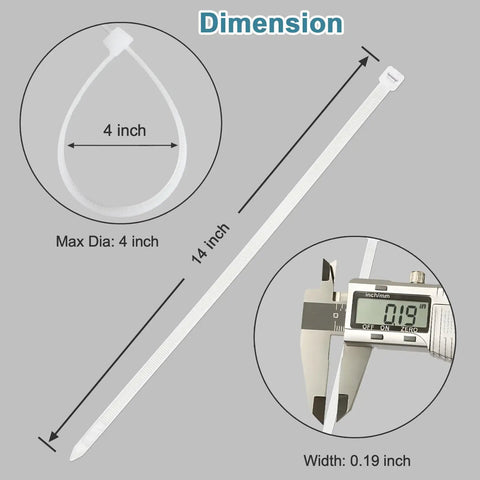 Image showing dimensions of Heavy Duty White Zip Ties 14 Inch Pack Of 100 Ultraviolet Resistant Nylon 66 Cable Ties For Outdoor Use.