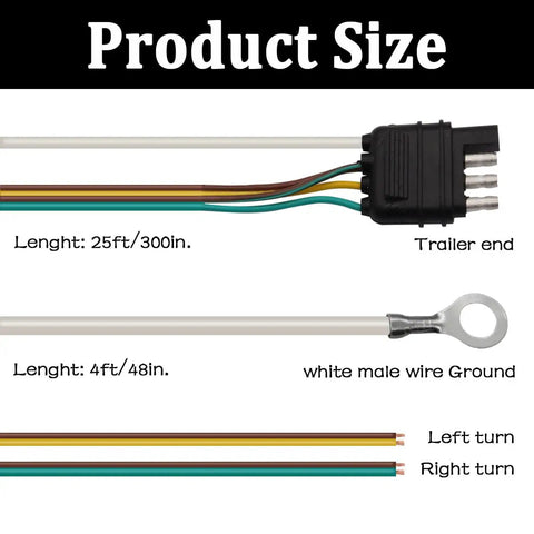 25 Foot 4 Way Flat Trailer Wiring Harness Extension Kit With Heavy Duty 18 Gauge White Ground Wire For Trailers, image detailing wire lengths